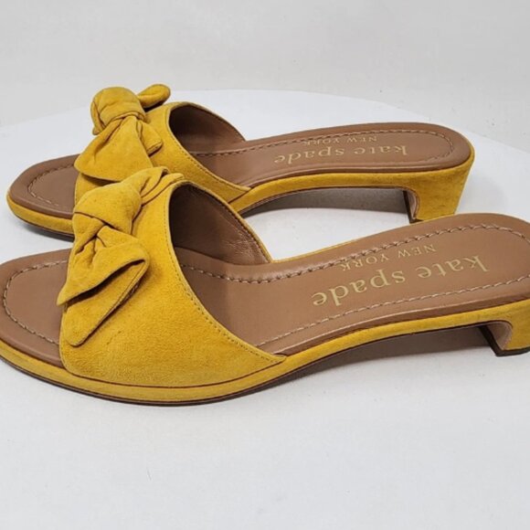 Kate Spade Lilah Slide Women Yellow Suede Bow Open Toe Block Kitten Heel - Picture 3 of 4